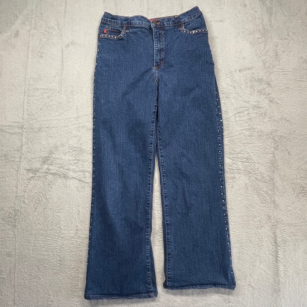 NYDJ Jeans Women 10 Blue Tummy Tuck Straight Leg Rhinestone‎ Studded 4500R